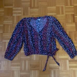 American Eagle black with pink and blue floral print wrap blouse size L